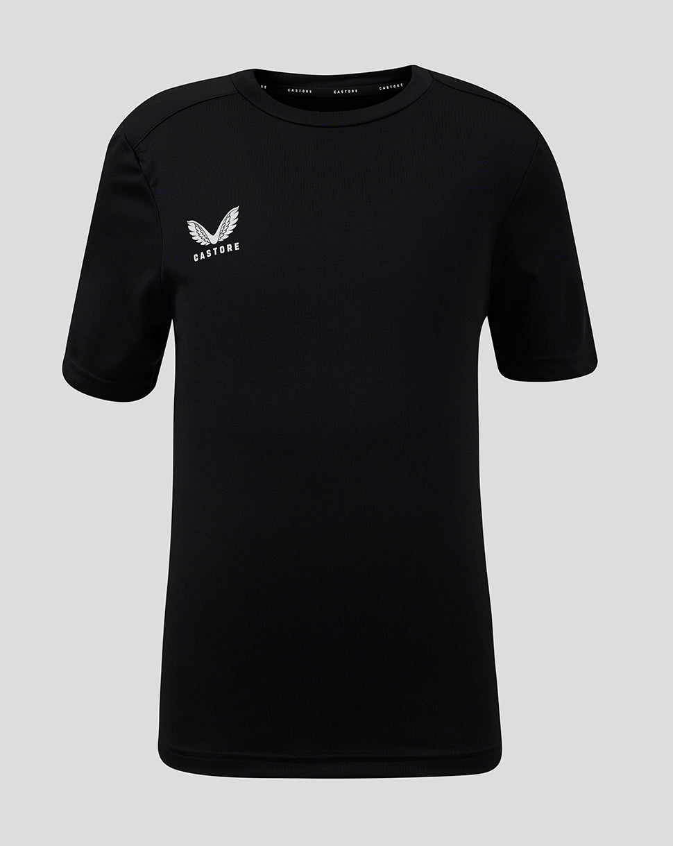 Front view of black Junior Performance Tee with white winged Castore logo on left chest