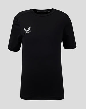 Front view of black Junior Performance Tee with white winged Castore logo on left chest