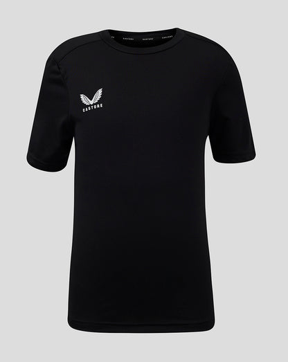 Front view of black Junior Performance Tee with white winged Castore logo on left chest
