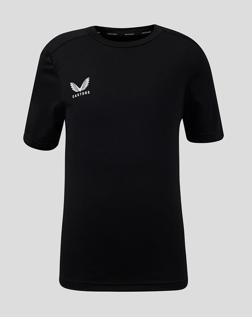 Front view of black Junior Performance Tee with white winged Castore logo on left chest