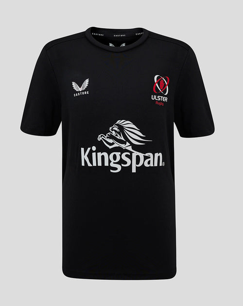Black ULSter Junior training tee with large white Kingspan logo across the front and Castore logos on the chest.