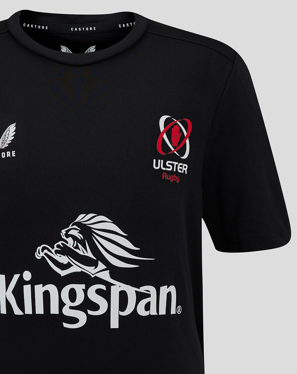 Close-up of black training tee chest showing Castore crest on the left and ULSter Rugby crest with a red hand on the right.