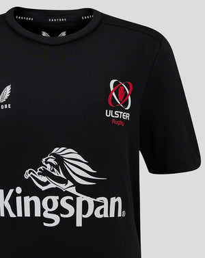 Close-up of black training tee chest showing Castore crest on the left and ULSter Rugby crest with a red hand on the right.