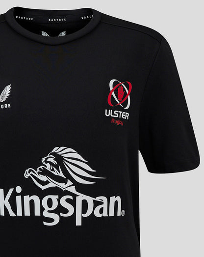 Close-up of black training tee chest showing Castore crest on the left and ULSter Rugby crest with a red hand on the right.