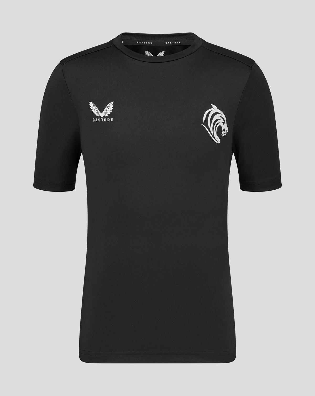 Leicester Tigers junior training T shirt in black with Castore logo on the left chest and a large white tiger emblem on the chest