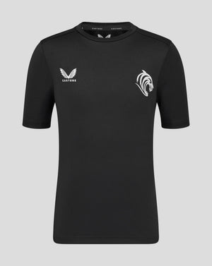 Leicester Tigers junior training T shirt in black with Castore logo on the left chest and a large white tiger emblem on the chest