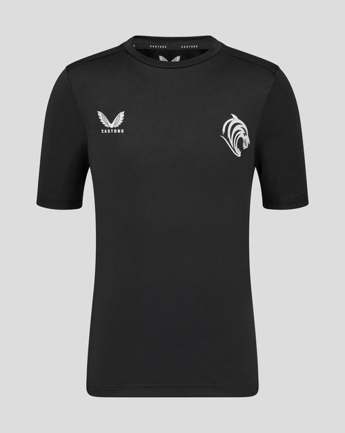 Leicester Tigers junior training T shirt in black with Castore logo on the left chest and a large white tiger emblem on the chest
