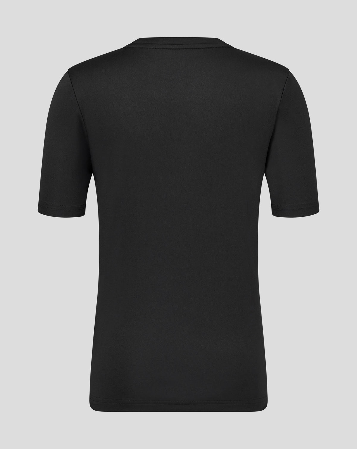Back view of black Leicester Tigers junior training T shirt showing round neck collar and shoulder seams