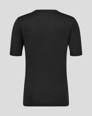 Back view of black Leicester Tigers junior training T shirt showing round neck collar and shoulder seams
