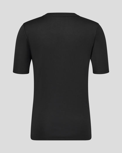 Back view of black Leicester Tigers junior training T shirt showing round neck collar and shoulder seams