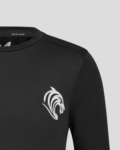Close up of black Leicester Tigers training T shirt with white tiger emblem on the chest and Castore label at the neckline