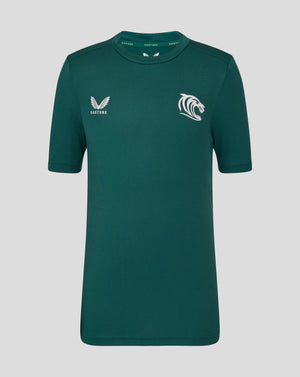 Green Leicester Tigers junior training T shirt with large white tiger head crest on chest and small Castore wing logo at the neckline.