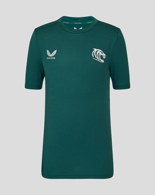 Green Leicester Tigers junior training T shirt with large white tiger head crest on chest and small Castore wing logo at the neckline.