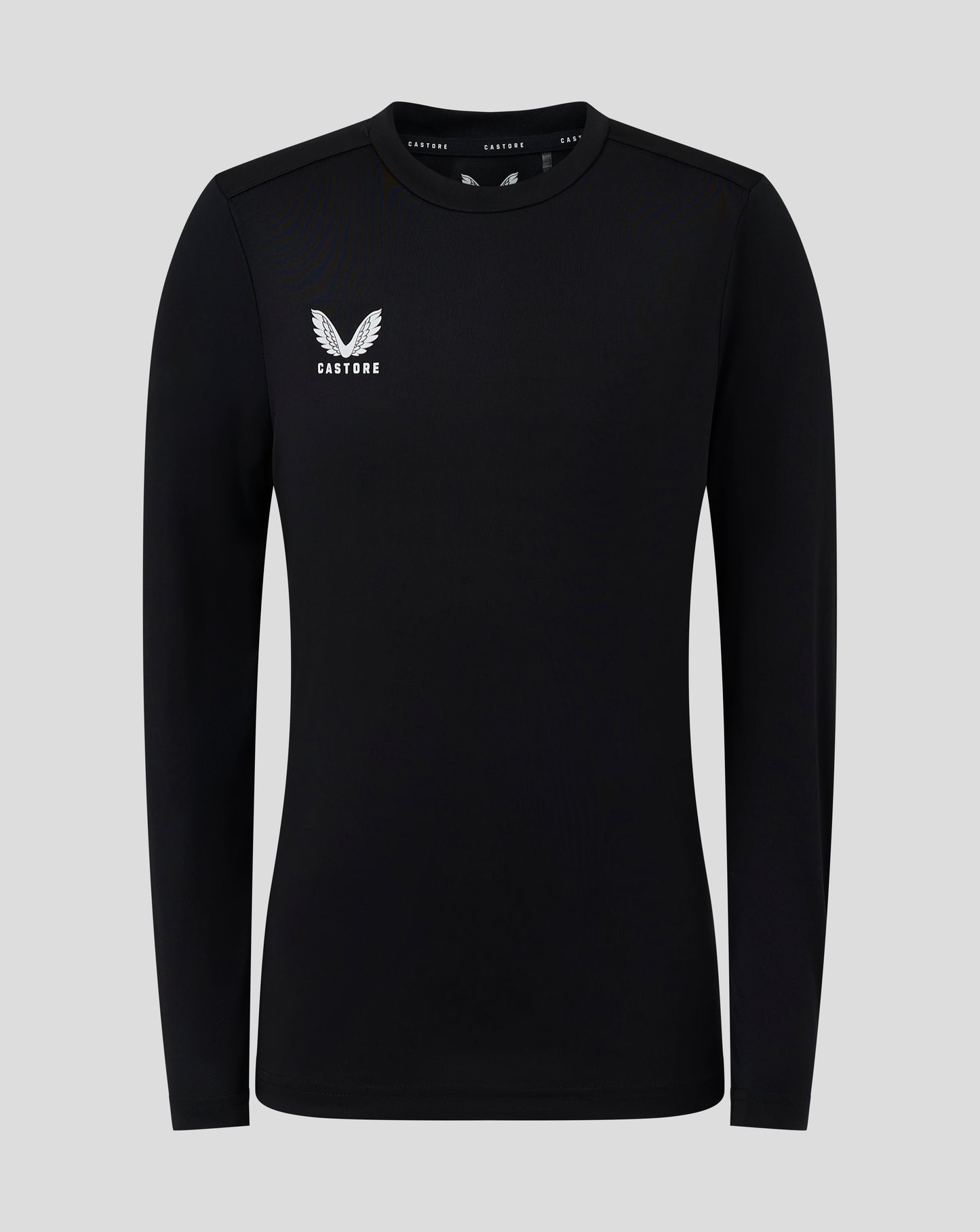 Front view of black Junior Long Sleeve Performance Tee with Castore logo on chest