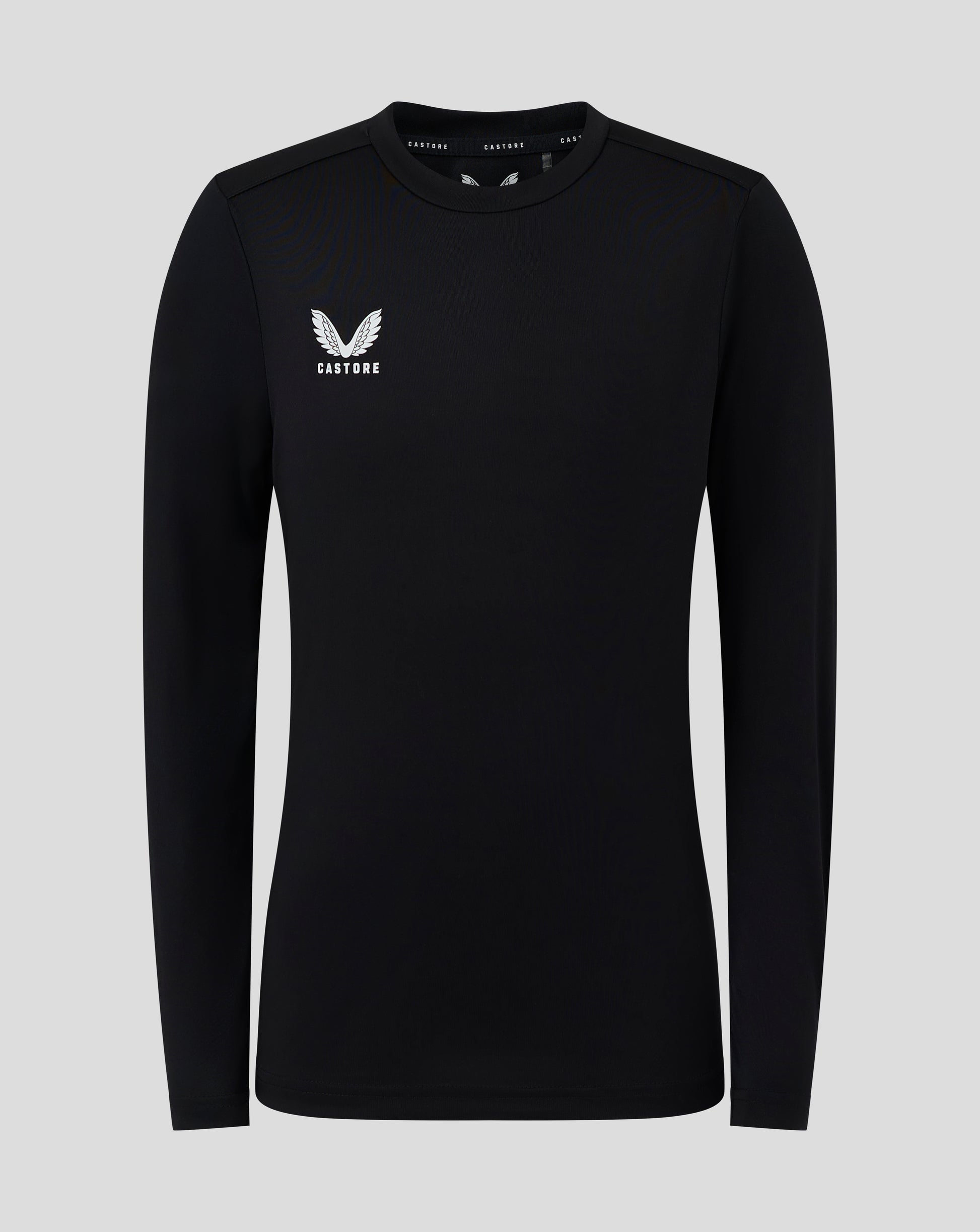 Front view of black Junior Long Sleeve Performance Tee with Castore logo on chest