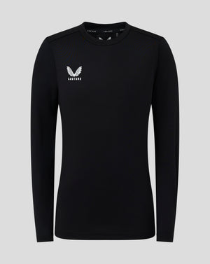 Front view of black Junior Long Sleeve Performance Tee with Castore logo on chest