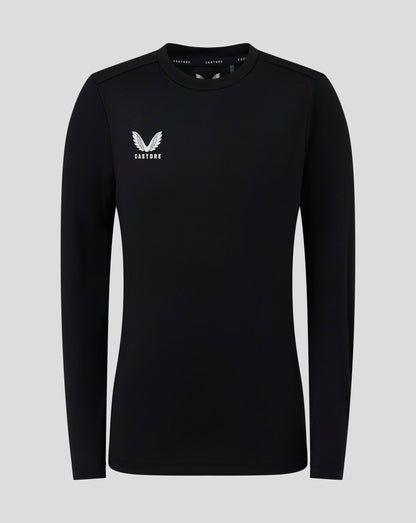 Front view of black Junior Long Sleeve Performance Tee with Castore logo on chest