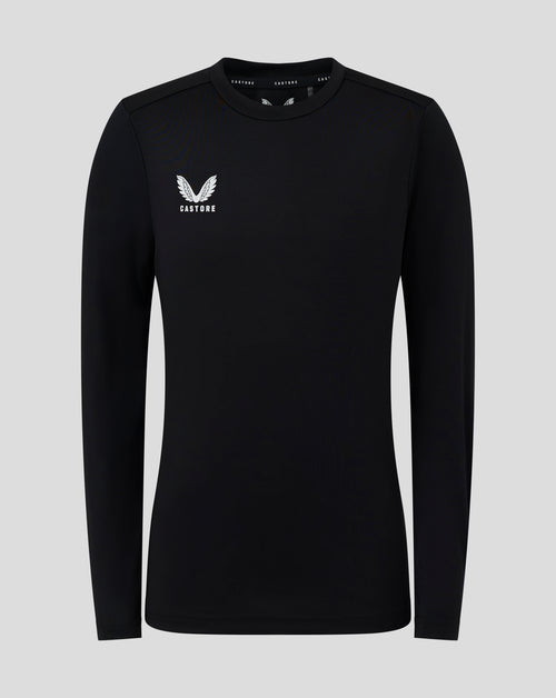 Front view of black Junior Long Sleeve Performance Tee with Castore logo on chest