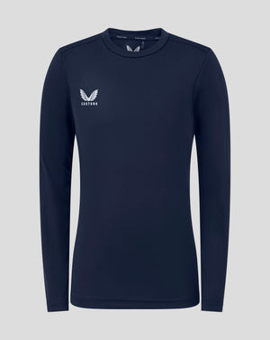 Front view of peacoat junior long sleeve performance tee with white Castore logo on the left chest