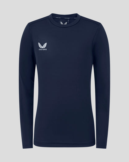 Front view of peacoat junior long sleeve performance tee with white Castore logo on the left chest