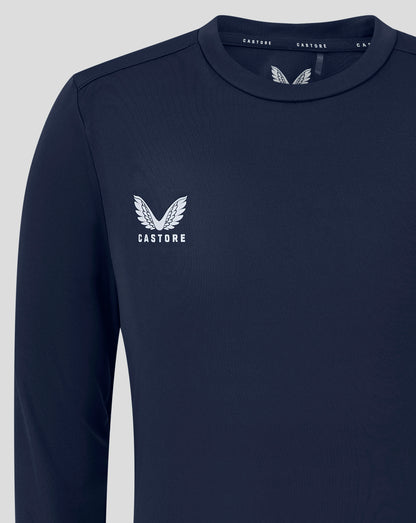 Navy junior long sleeve performance tee with crew neck and white Castore logo on the chest