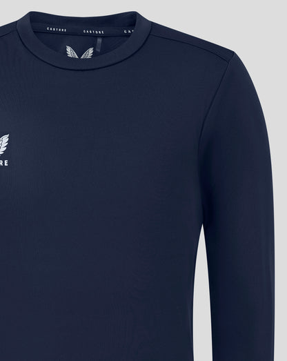 Close up of navy junior long sleeve tee neckline showing Castore branding on the inside collar