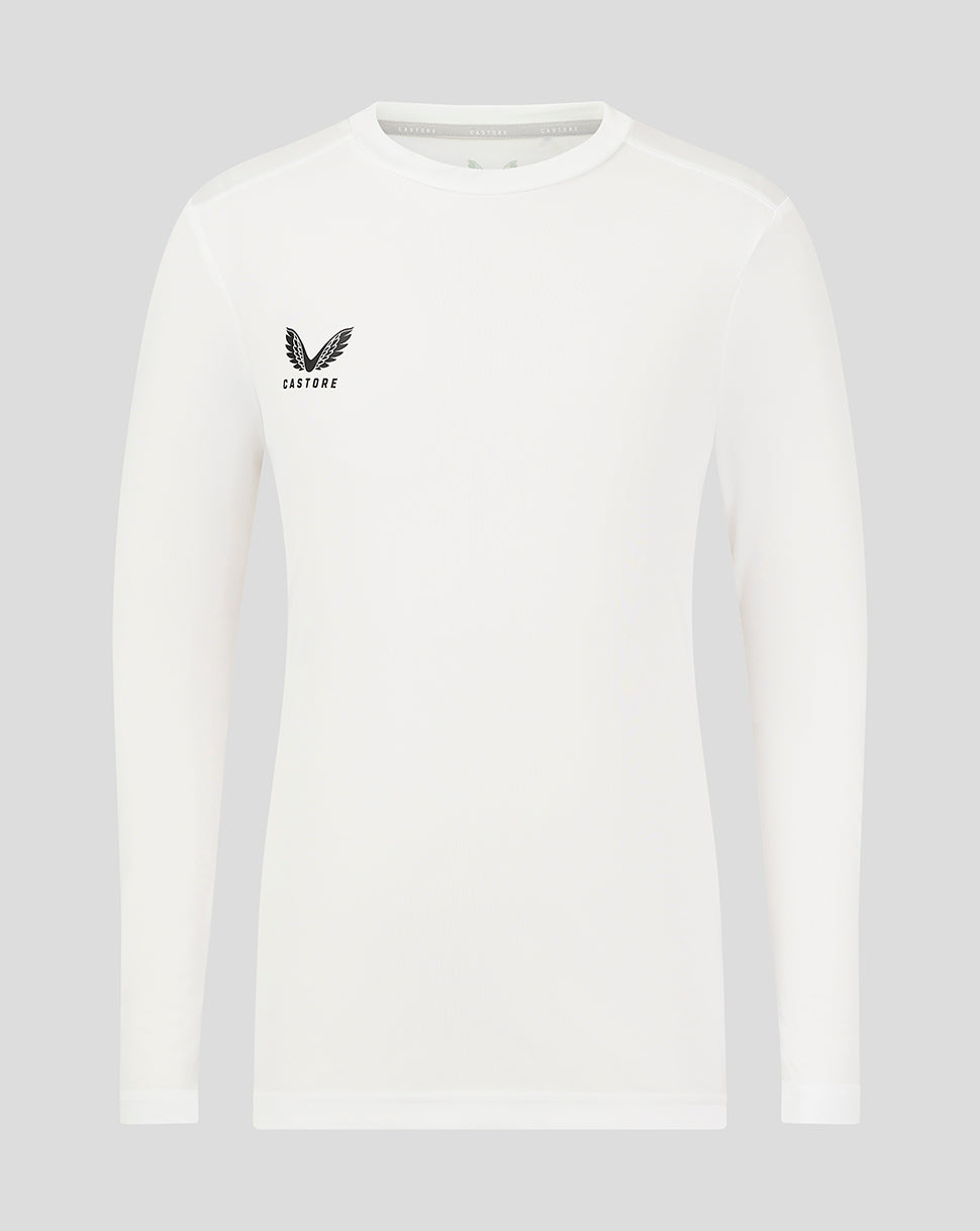 Front view of white Junior Long Sleeve Performance Tee with Castore logo on the left chest