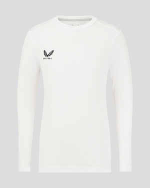 Front view of white Junior Long Sleeve Performance Tee with Castore logo on the left chest