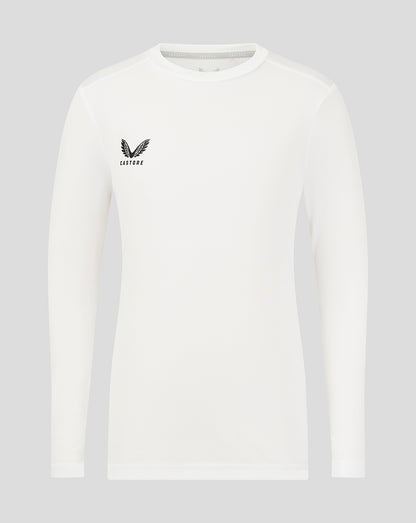 Front view of white Junior Long Sleeve Performance Tee with Castore logo on the left chest