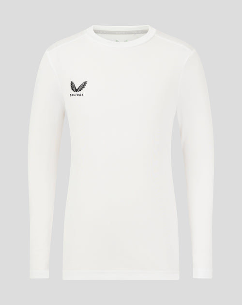 Front view of white Junior Long Sleeve Performance Tee with Castore logo on the left chest