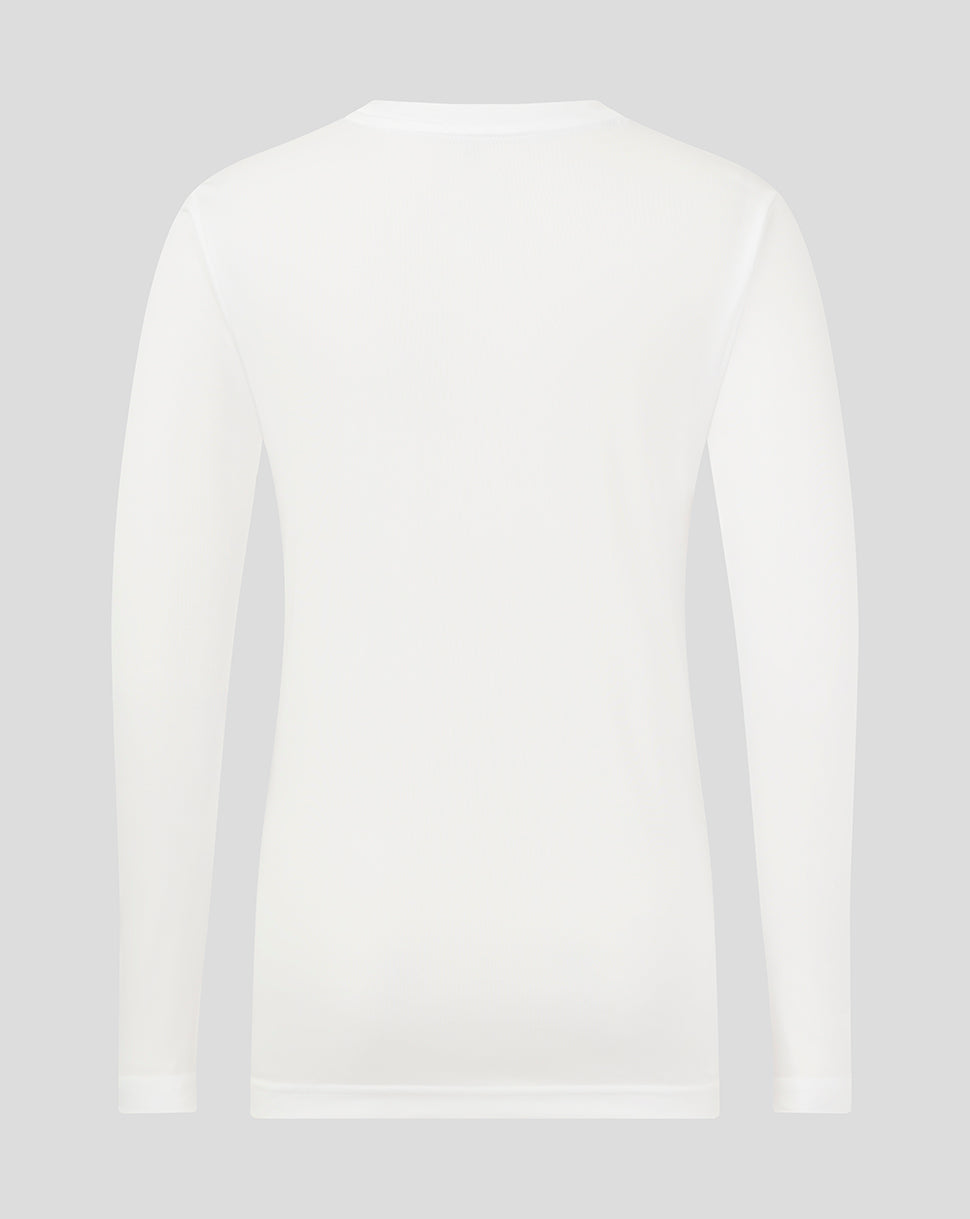 Back view of white Junior Long Sleeve Performance Tee showing the plain back and shoulder seams