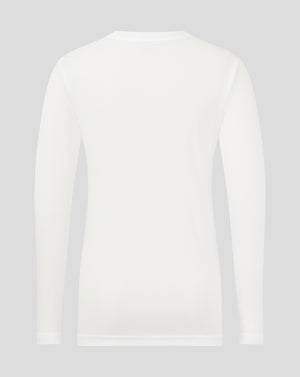 Back view of white Junior Long Sleeve Performance Tee showing the plain back and shoulder seams