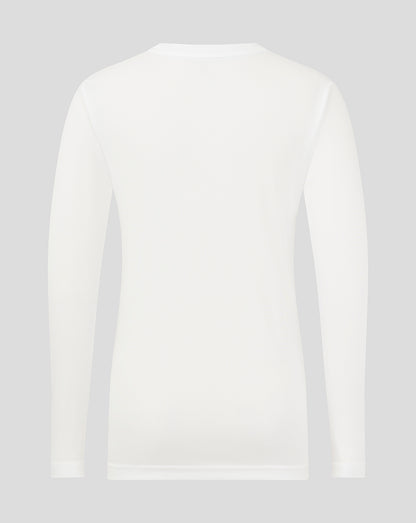 Back view of white Junior Long Sleeve Performance Tee showing the plain back and shoulder seams
