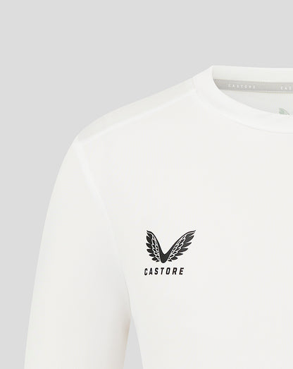 Close-up of left chest on white tee displaying the heat sealed Castore logo