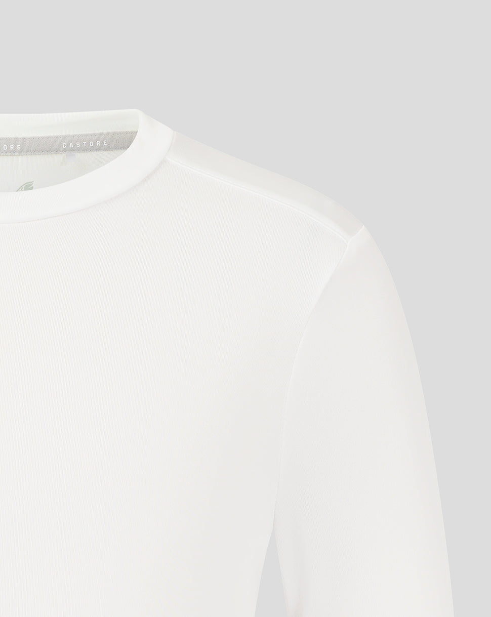 Close up of white Junior Long Sleeve Performance Tee showing crew neck and forward shoulder seam