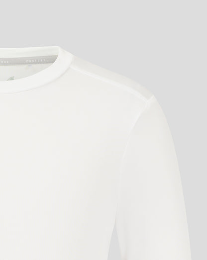 Close up of white Junior Long Sleeve Performance Tee showing crew neck and forward shoulder seam