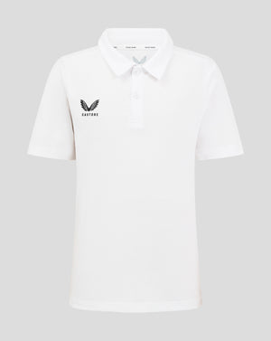 Front view of a white Junior Cotton Leisure Polo with Castore logo on the left chest