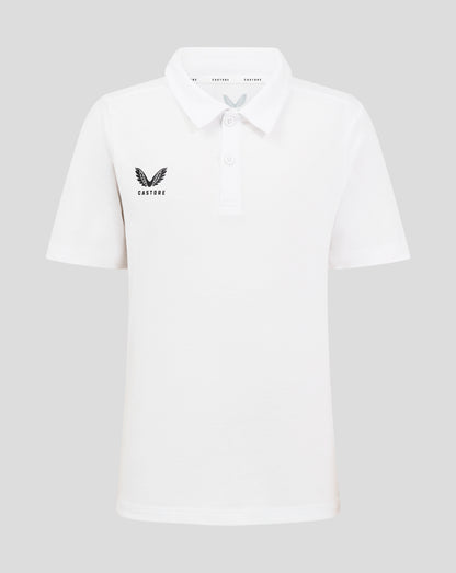 Front view of a white Junior Cotton Leisure Polo with Castore logo on the left chest