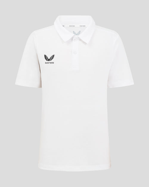 Front view of a white Junior Cotton Leisure Polo with Castore logo on the left chest