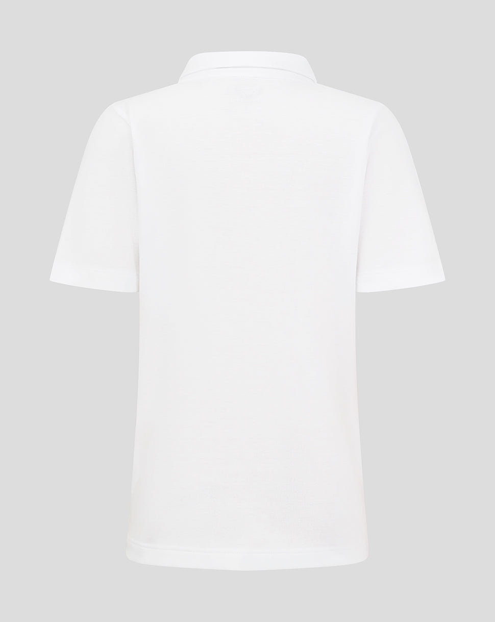 Back view of white Junior Cotton Leisure Polo with short sleeves and classic collar