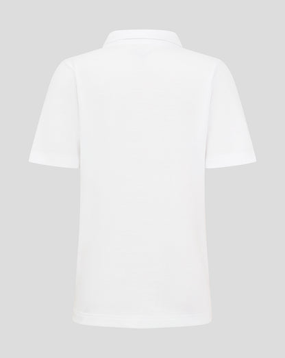 Back view of white Junior Cotton Leisure Polo with short sleeves and classic collar