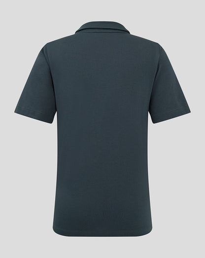 Back view of Junior Polo in dark slate showing collar, short sleeves and straight hem.