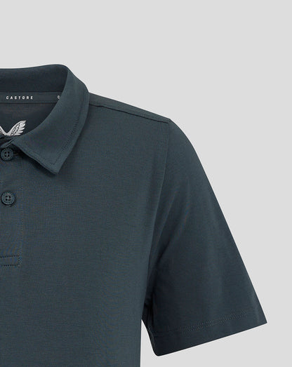 Close-up of Junior Polo in dark slate showing collar and button placket.