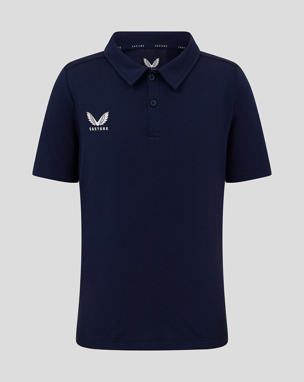 Front view of navy junior polo with self fabric collar and three button placket