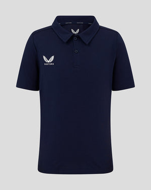 Front view of navy junior polo with self fabric collar and three button placket