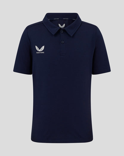 Front view of navy junior polo with self fabric collar and three button placket