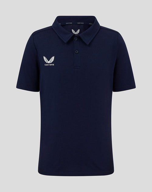 Front view of navy junior polo with self fabric collar and three button placket