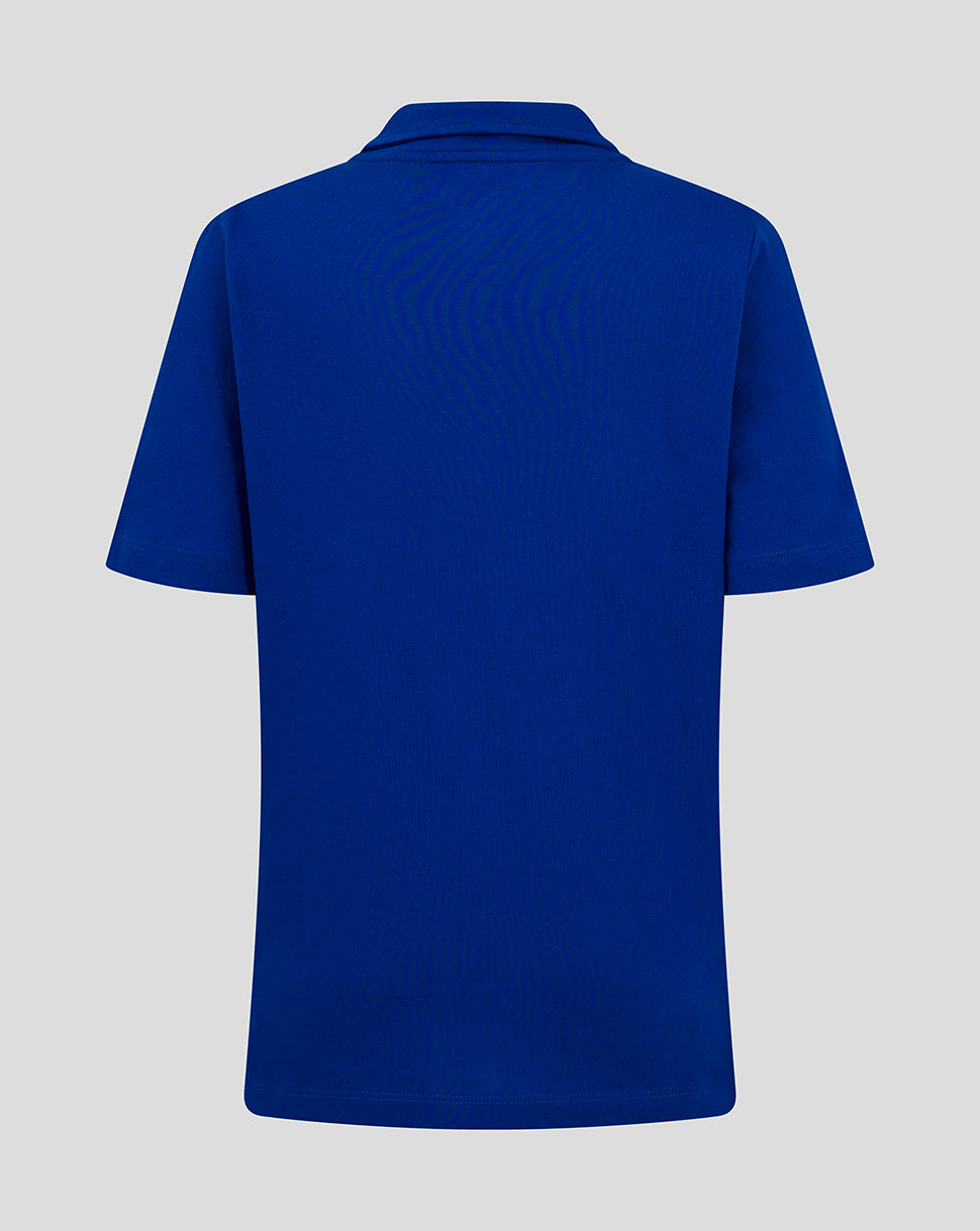 Back view of royal blue polo shirt with short sleeves.