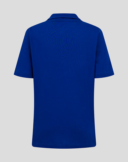 Back view of royal blue polo shirt with short sleeves.