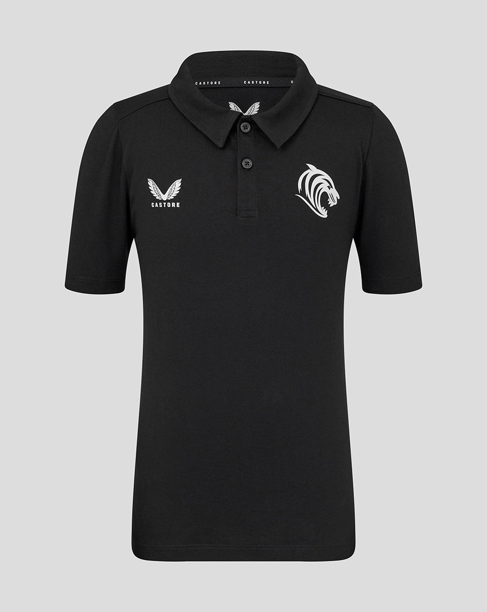 Black Leicester Tigers training polo for juniors showing a white tiger head crest on the right chest and Castore logo on the left
